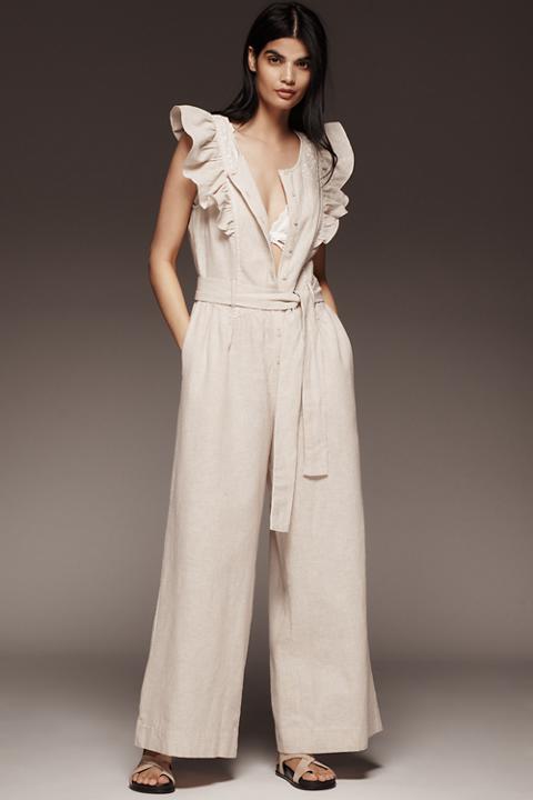 By Anthropologie Linen Blend Ruffle Jumpsuit