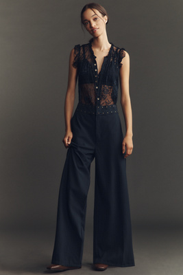 By Anthropologie Lace Pinstripe Jumpsuit In Black