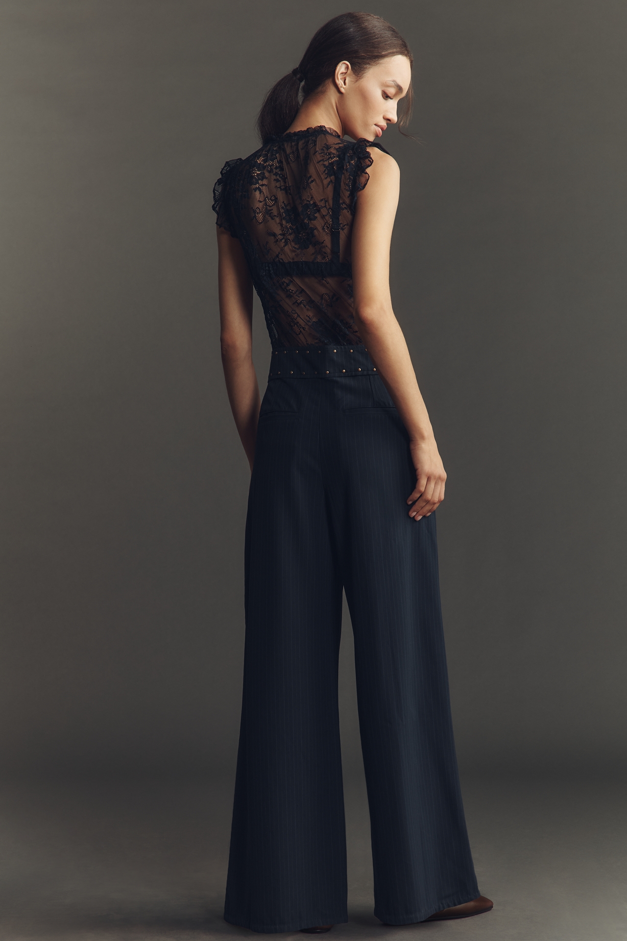By Anthropologie Lace Pinstripe Jumpsuit