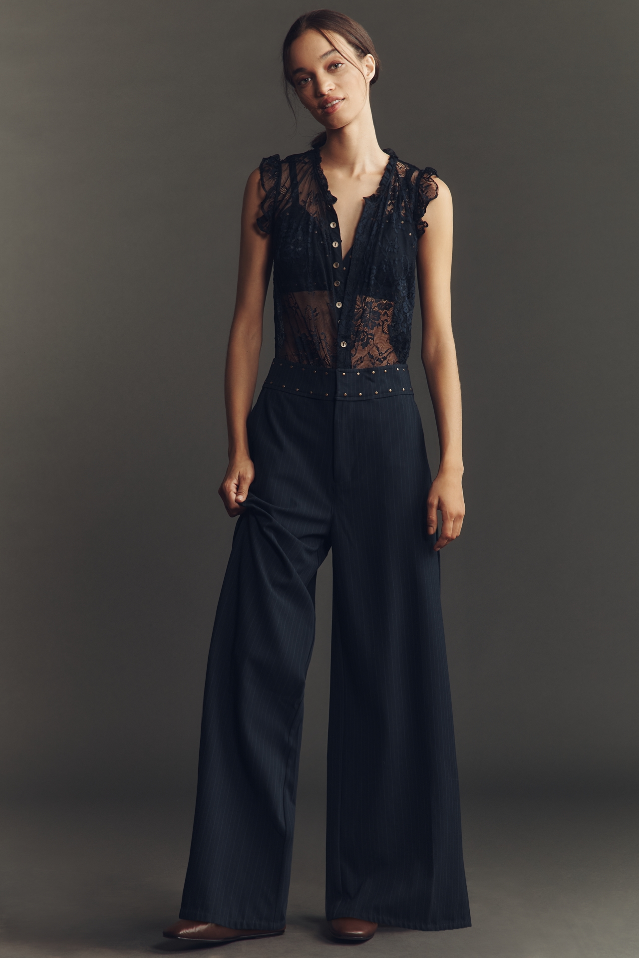 By Anthropologie Lace Pinstripe Jumpsuit