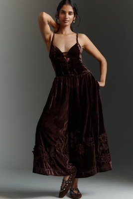 By Anthropologie 3d Floral Velvet Jumpsuit In Brown