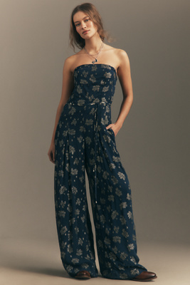 By Anthropologie Strapless Shine Wide-leg Jumpsuit In Blue