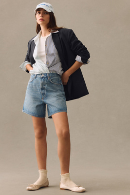 Agolde Stella Distressed Organic Denim Shorts In Blue