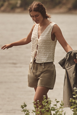 Agolde Rhoda High-rise Pleated A-line Denim Shorts In Neutral