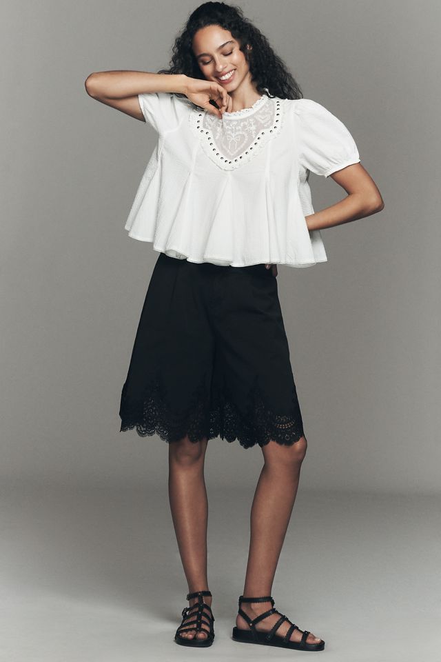 By Anthropologie Shorts al Ginocchio Plissettati con Orlo in Pizzo #3
