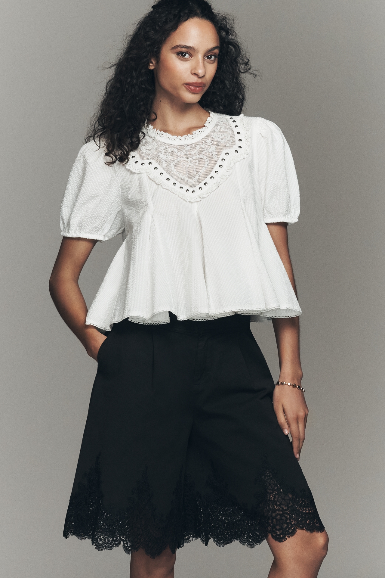 By Anthropologie Pleated Lace-Hem Knee-Length Shorts