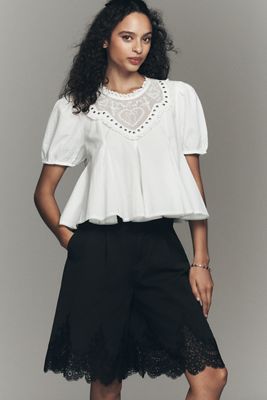 By Anthropologie Pleated Lace-Hem Knee-Length Shorts