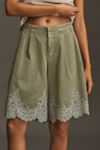 By Anthropologie Pleated Lace-Hem Knee-Length Shorts
