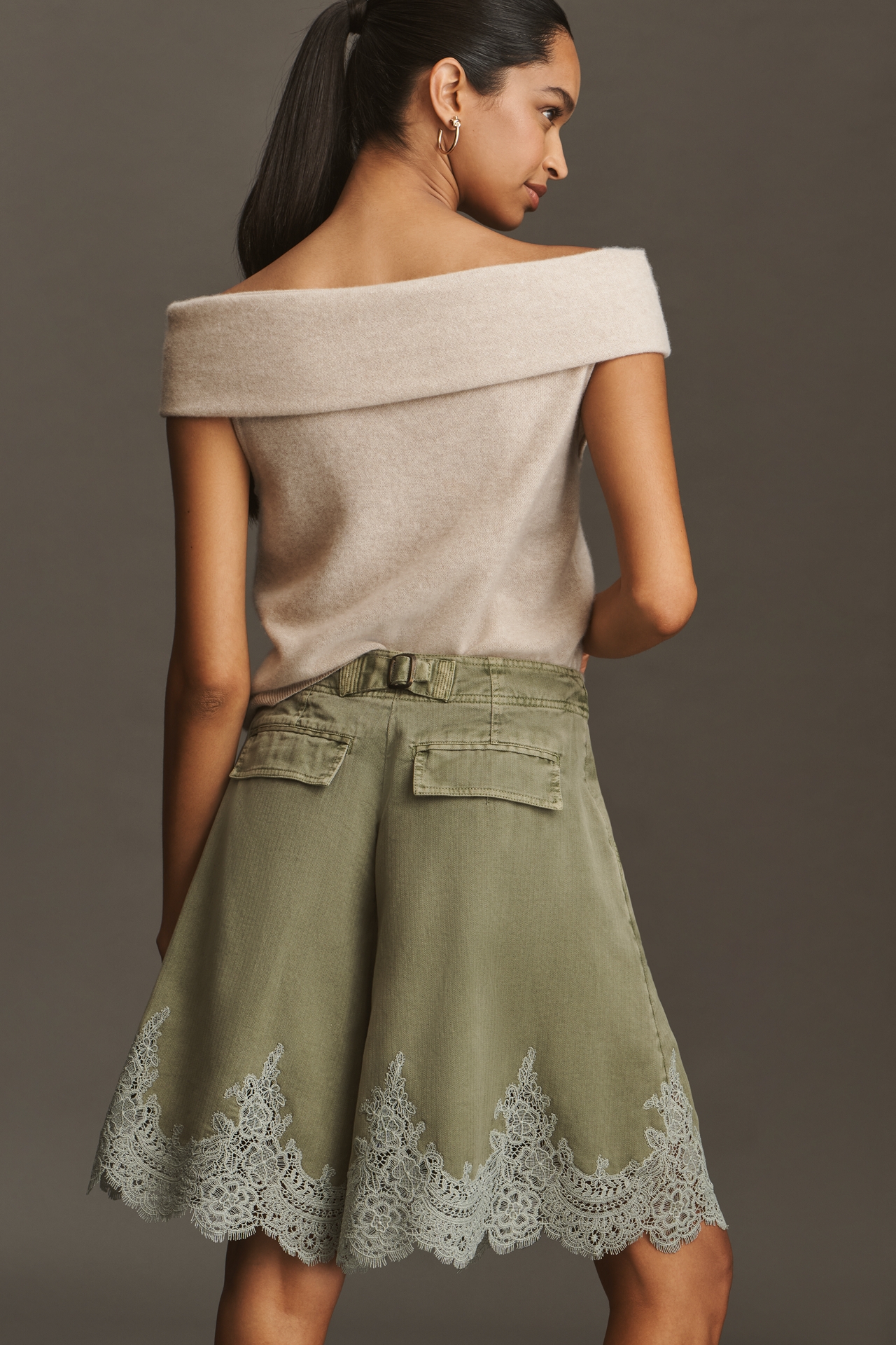 By Anthropologie Pleated Lace-Hem Knee-Length Shorts