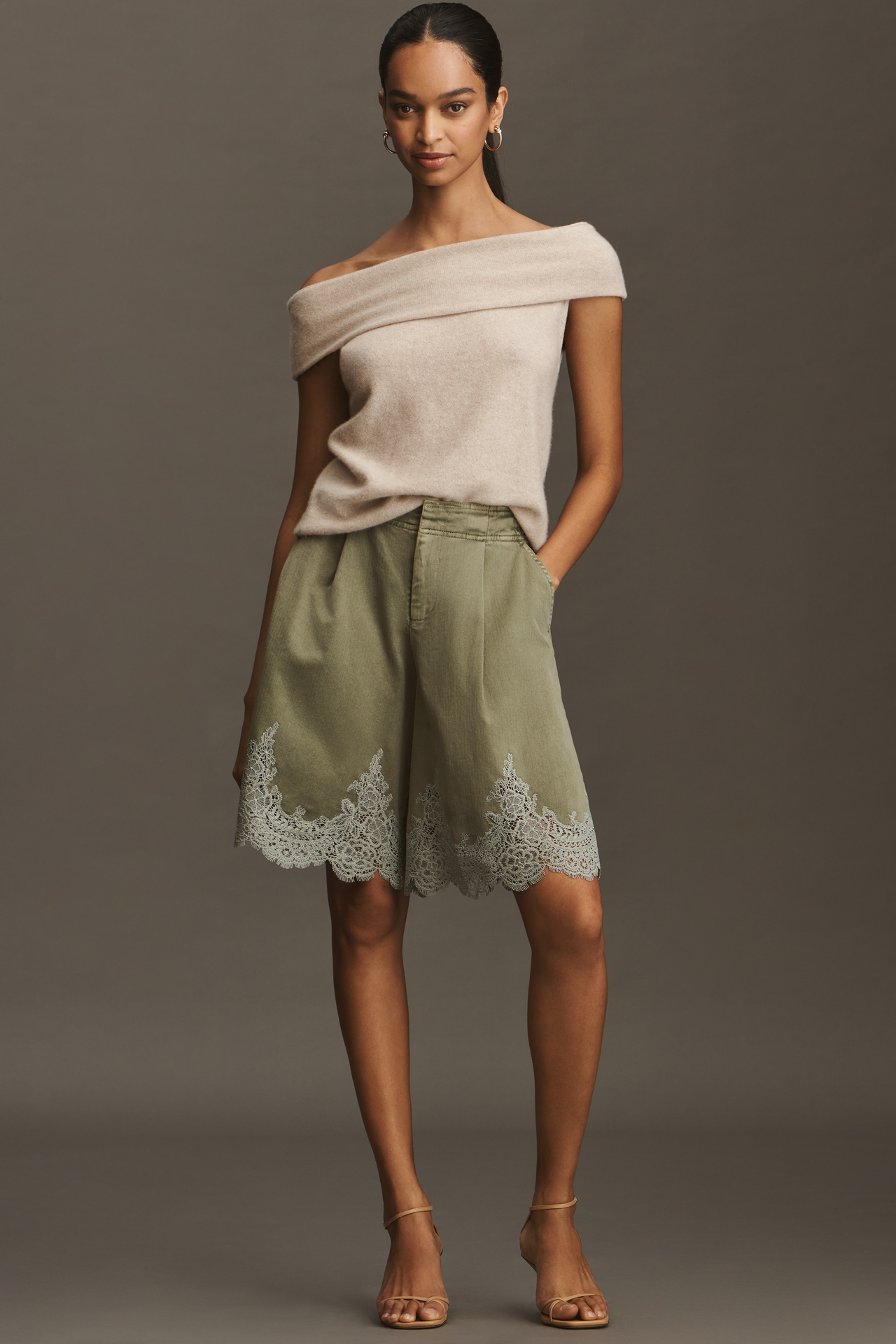 By Anthropologie Pleated Lace-Hem Knee-Length Shorts