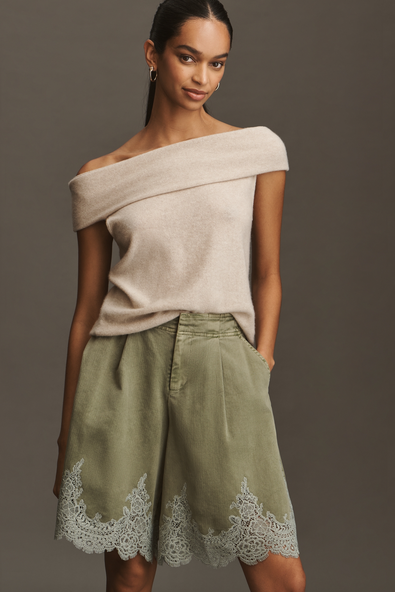 By Anthropologie Pleated Lace-Hem Knee-Length Shorts