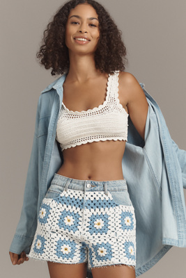 Avec Les Filles Crochet Cutoff Denim Shorts In Blue