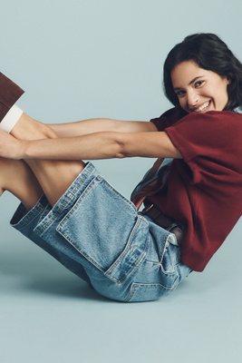 Avec Les Filles Long Denim Cargo Shorts In Blue