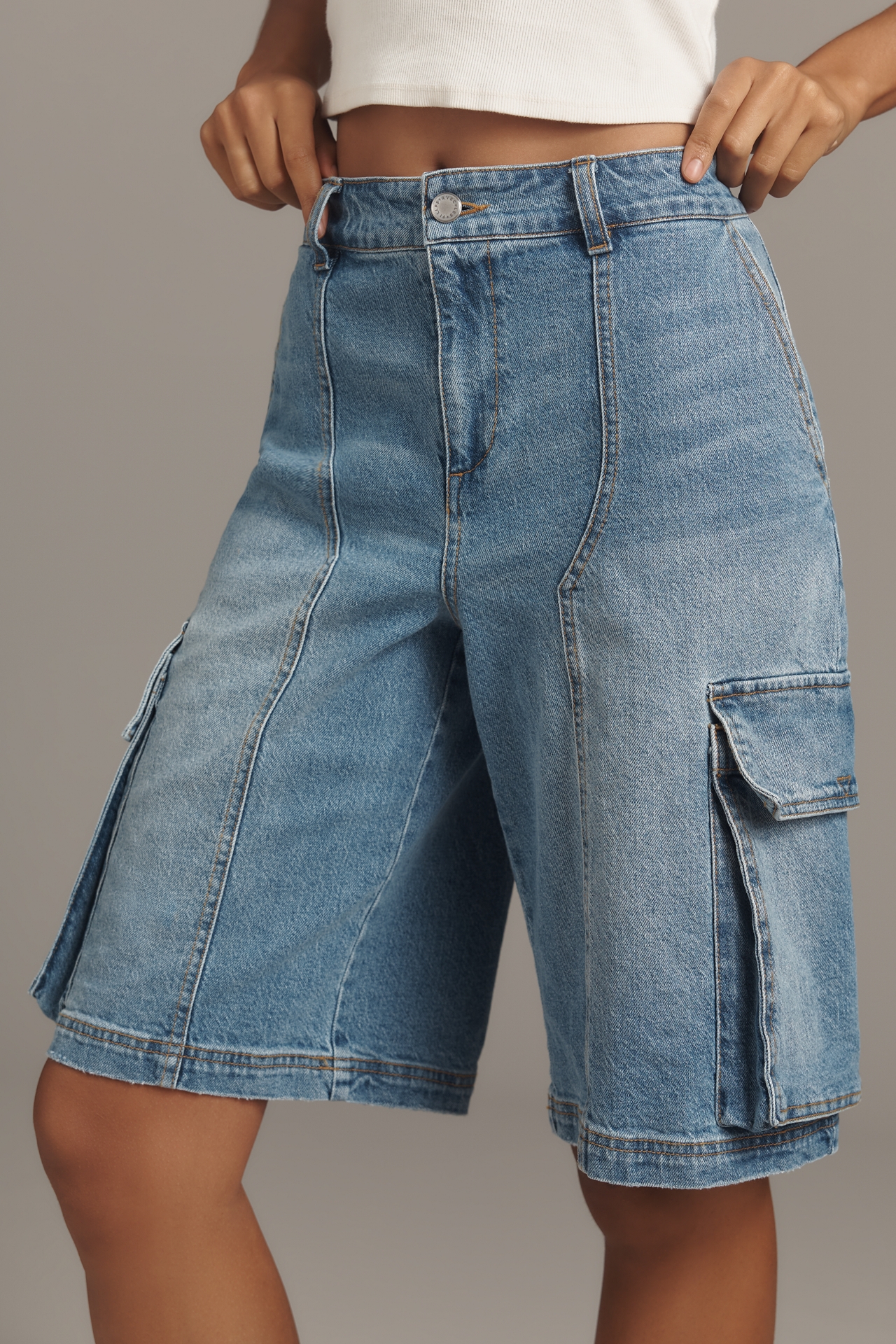 Avec Les Filles Long Denim Cargo Shorts