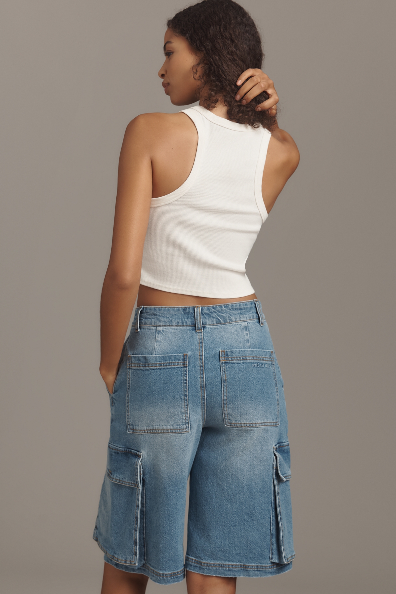Avec Les Filles Long Denim Cargo Shorts
