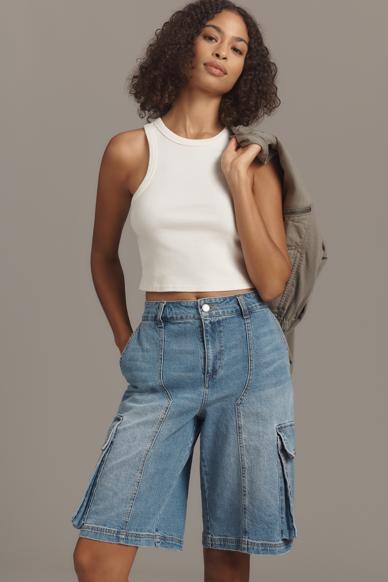 Avec Les Filles Long Denim Cargo Shorts