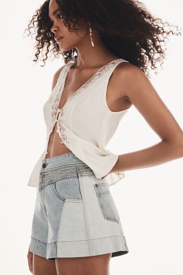 KIVARI Carla Stitched-Yoke Contrast Denim Shorts #4