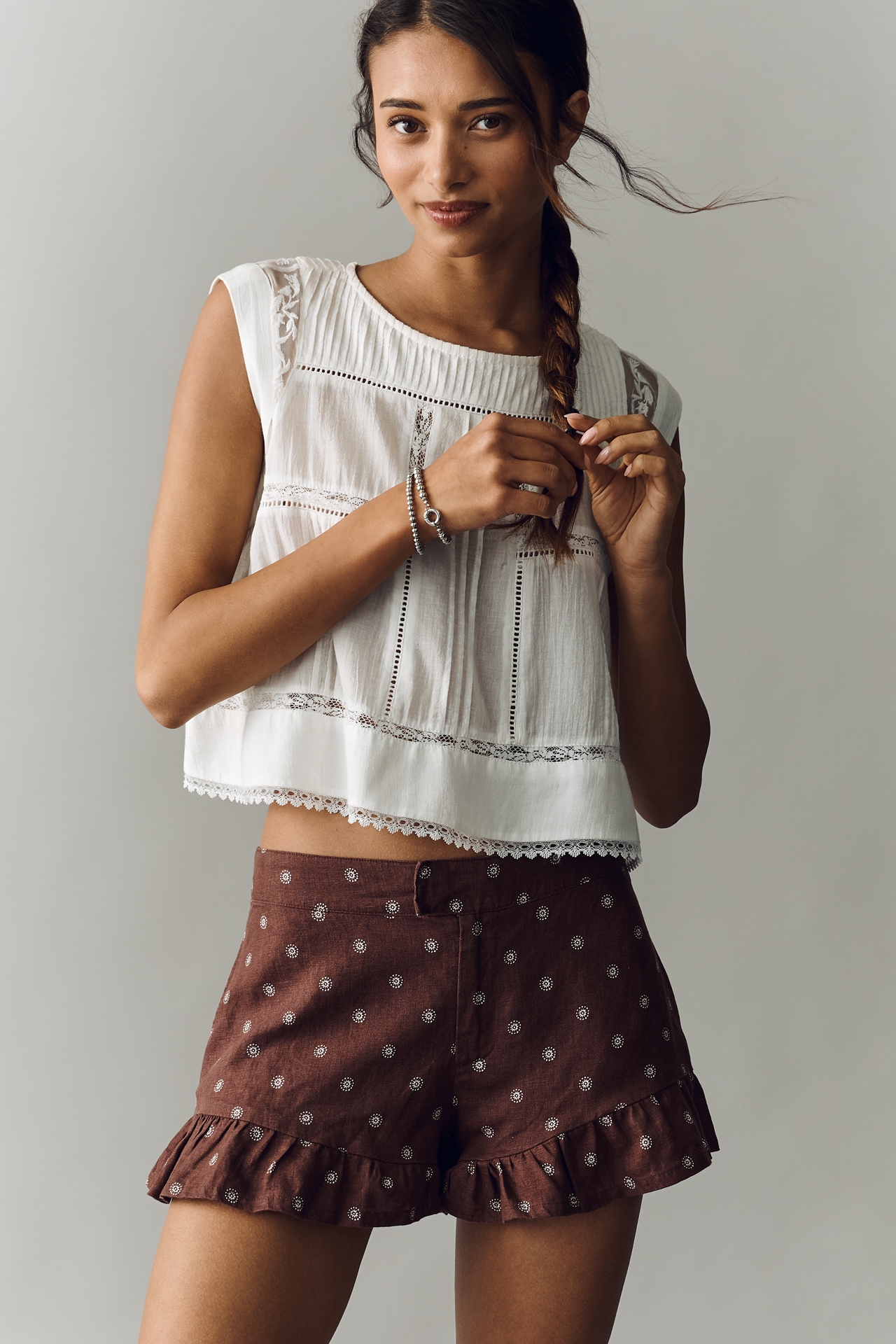 By Anthropologie Linen Ruffle Shorts