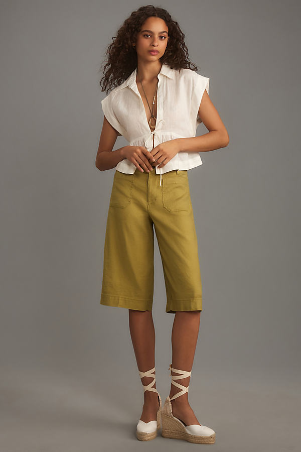 The Colette Collection By Maeve The Colette Longline Shorts By Maeve: Linen Edition In Green