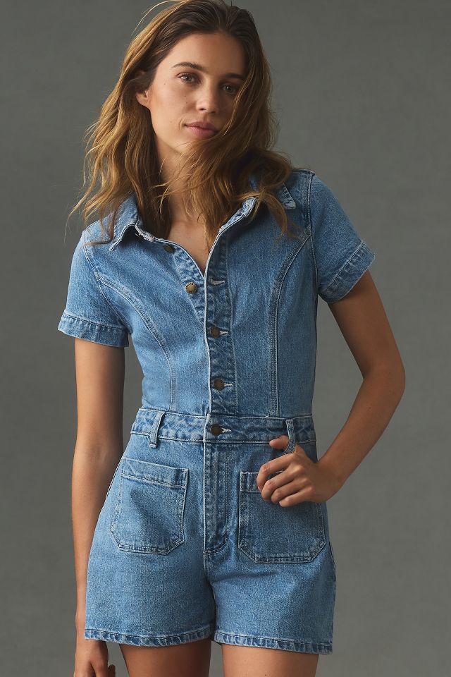 Short Sleeve Zip Front Denim Romper