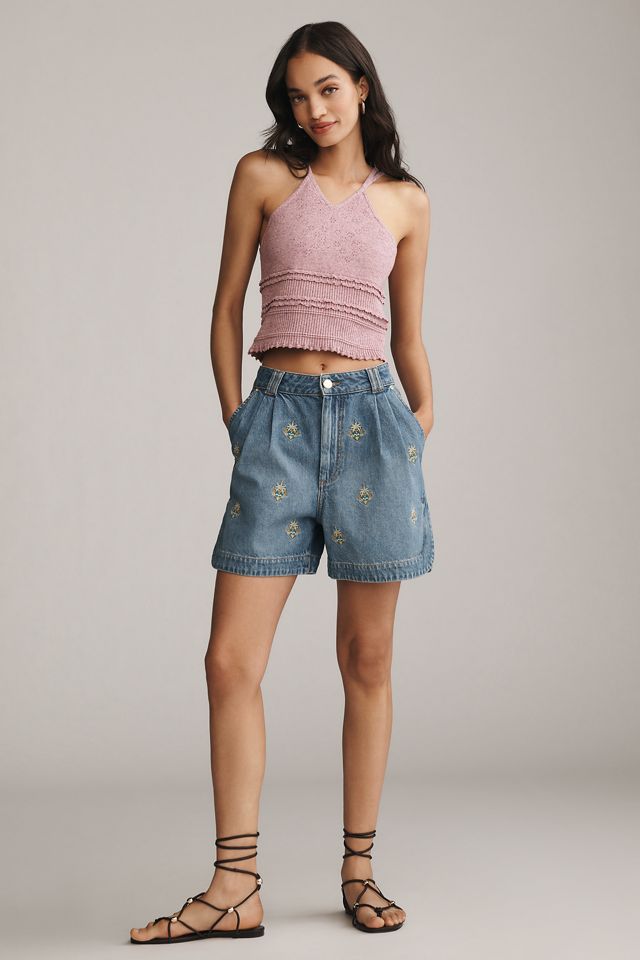 Farm Rio Embroidered Palm Tree Denim Shorts #1