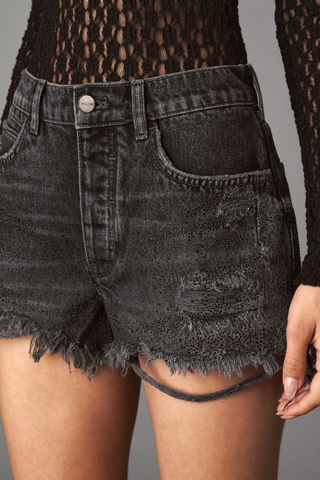 The Devon Rhinestone Distressed Denim Shorts by Pilcro #2
