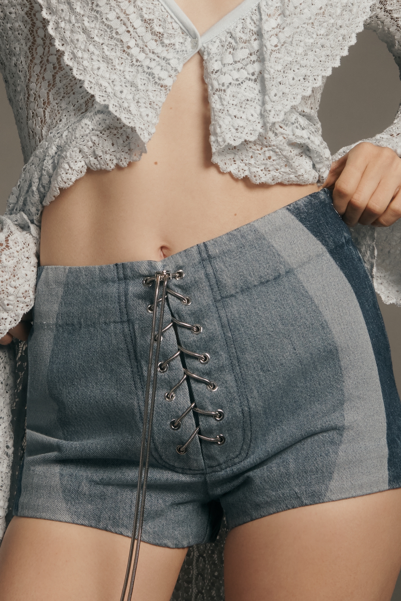Retrofete Aleyna Lace-Up Paneled Denim Shorts
