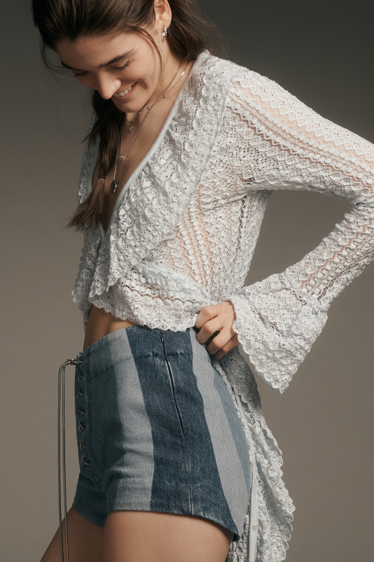 Retrofete Aleyna Lace-Up Paneled Denim Shorts