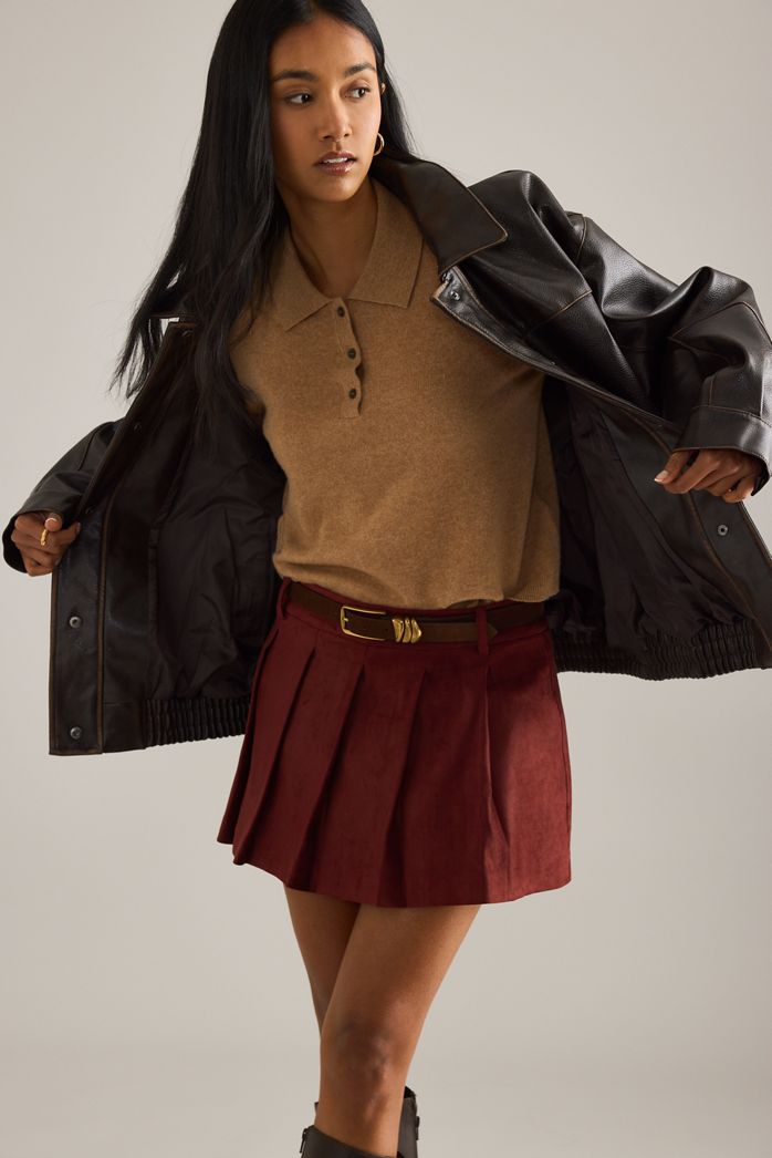 Maeve Pleated Faux-Suede Mini Skort