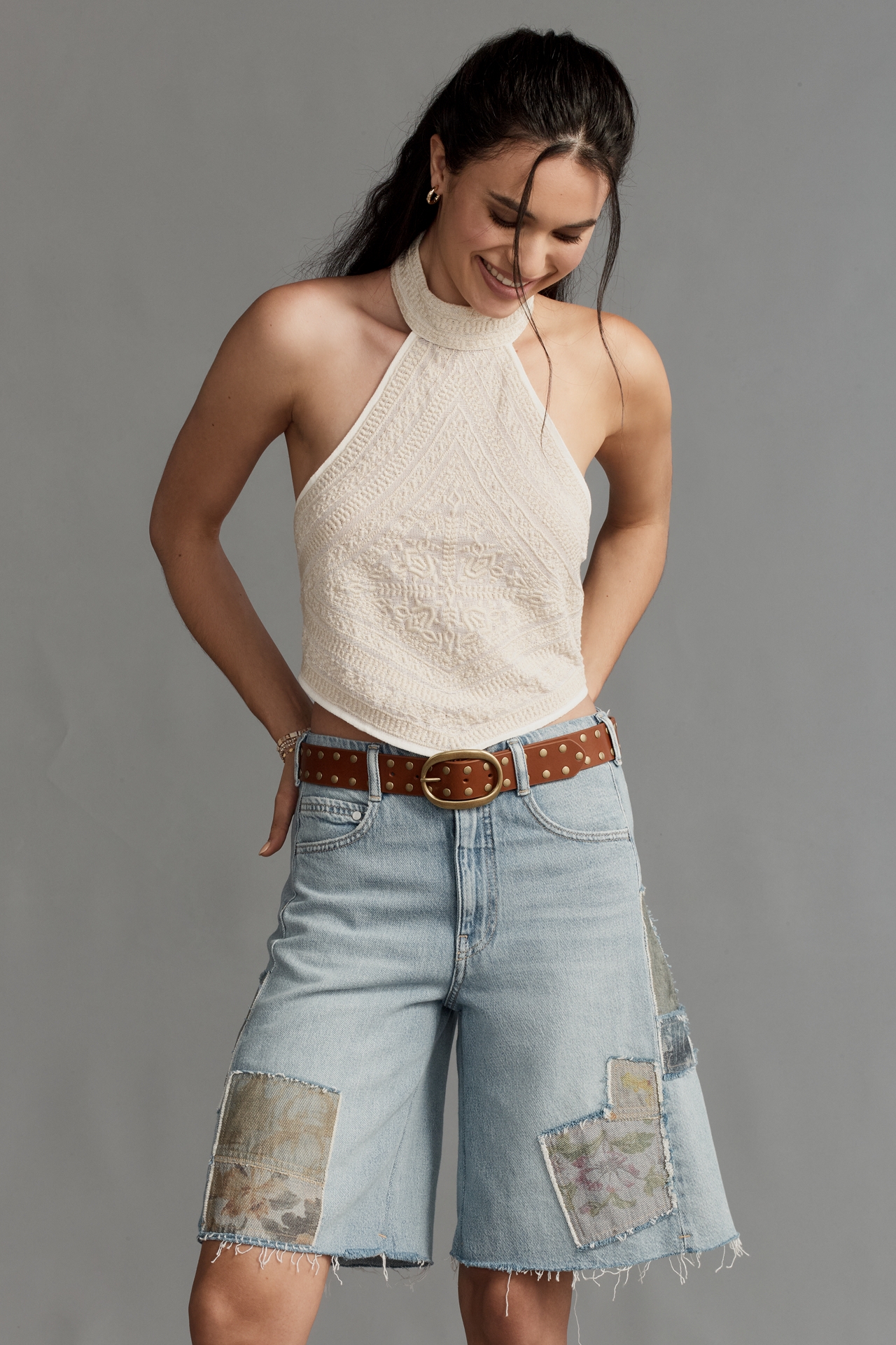 The Adi Patchwork Mid-Rise Relaxed Bermuda Shorts by Pilcro