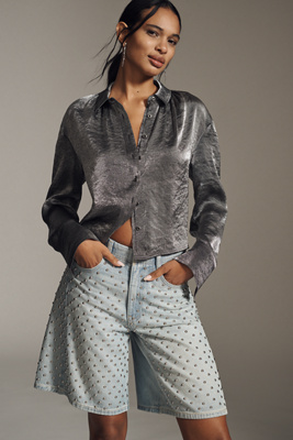 Pilcro The Adi Studded Mid-rise Relaxed Bermuda Shorts By  In Blue
