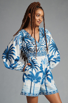 Farm Rio Long-Sleeve Printed Romper | Anthropologie