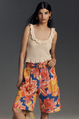 Farm Rio X Anthropologie Linen Blend Belted Floral Bermuda Shorts In Multicolor