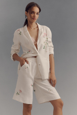 By Anthropologie Linen Embroidered Relaxed Bermuda Shorts In White