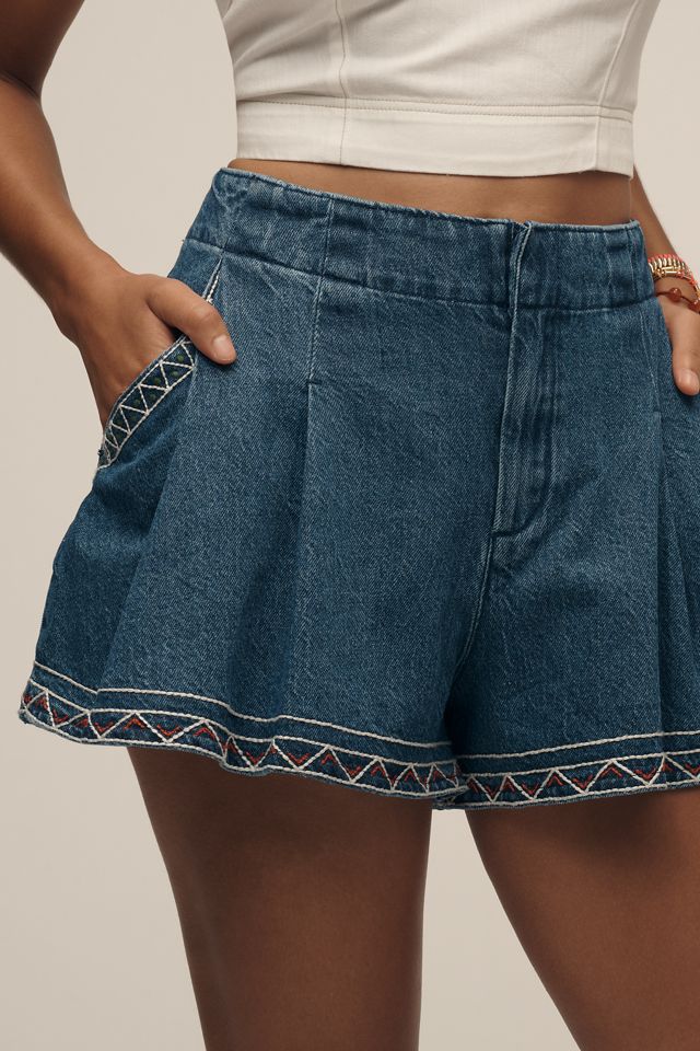 Pilcro Embroidered Pleated Denim Skirty Shorts #1