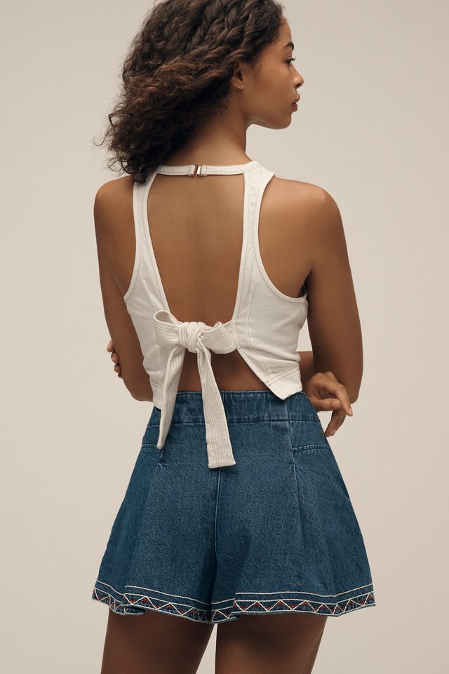 Pilcro Embroidered Pleated Denim Skirty Shorts #3