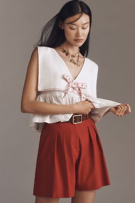 Linen Blend Pleated Shorts