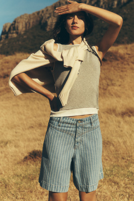 The Tiny Big Sister Striped Denim Bermuda Shorts In Blue