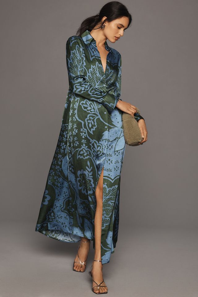 Long Sleeve Printed Shirt Dress - Green main image 0