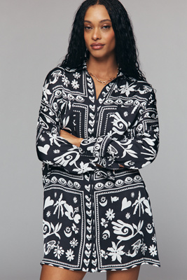 Long-Sleeve Printed Mini Shirt Dress