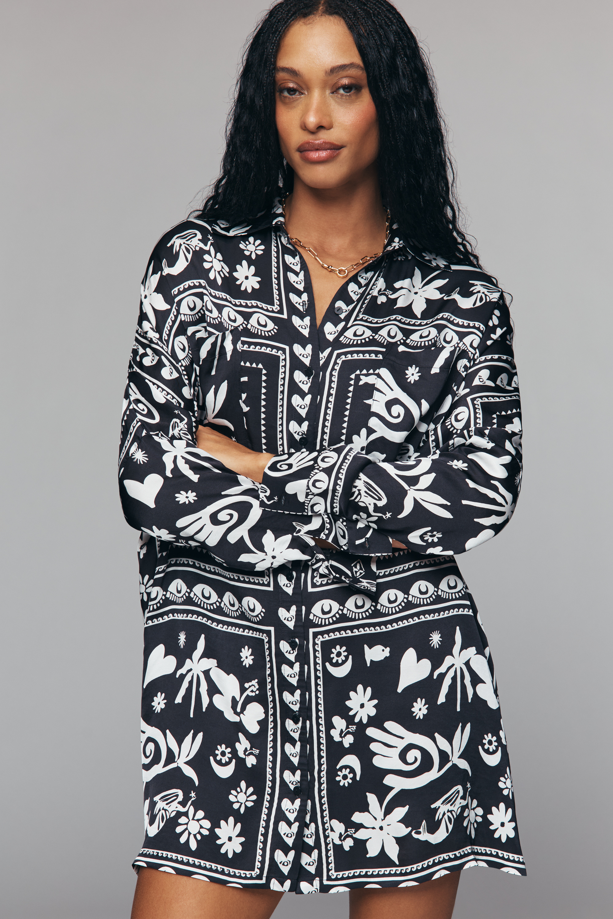 Long-Sleeve Printed Mini Shirtdress — Image 8