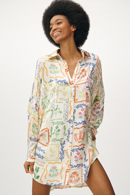 Corey Lynn Calter Long-sleeve Printed Mini Shirt Dress In White