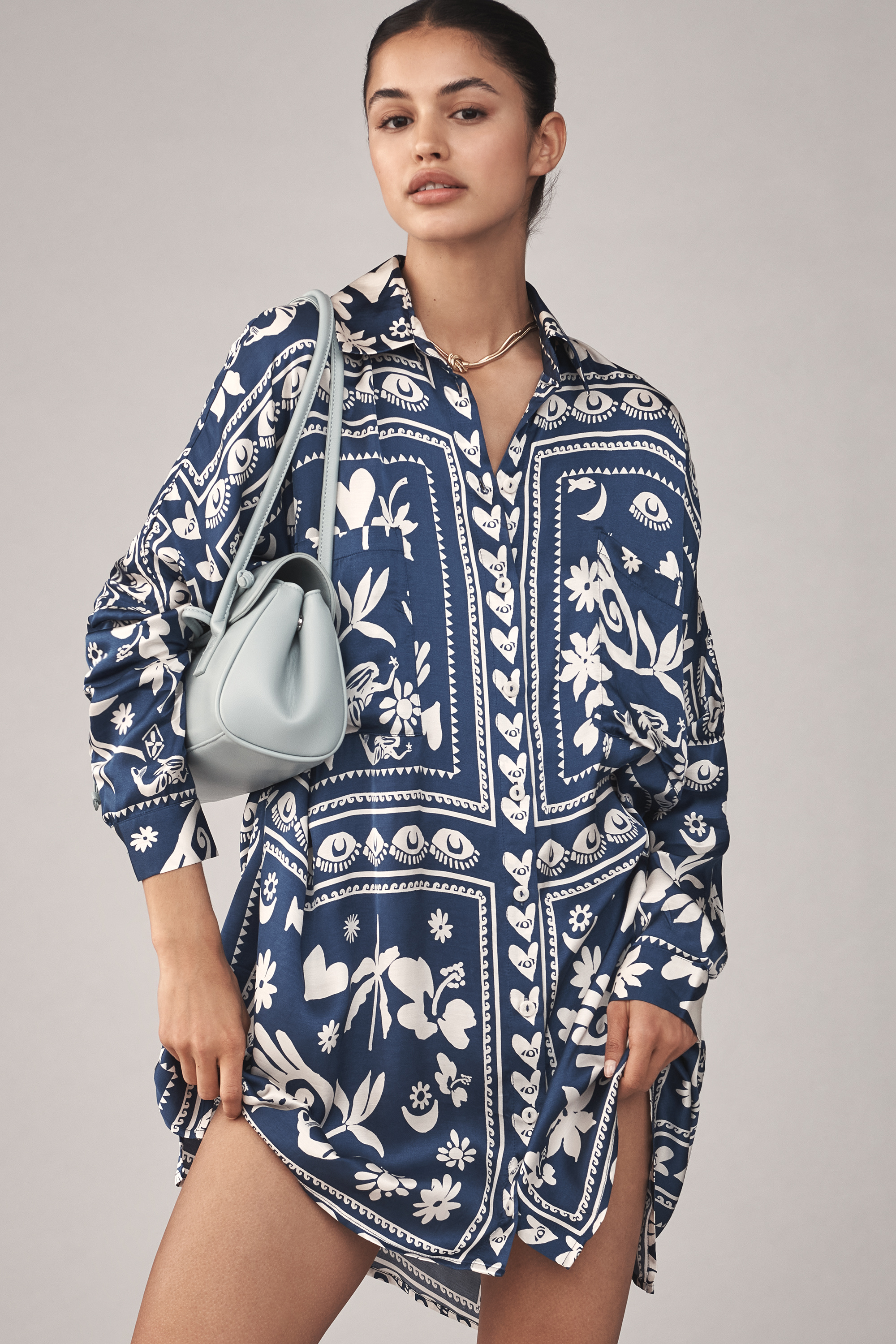 Long-Sleeve Printed Mini Shirtdress — Image 15