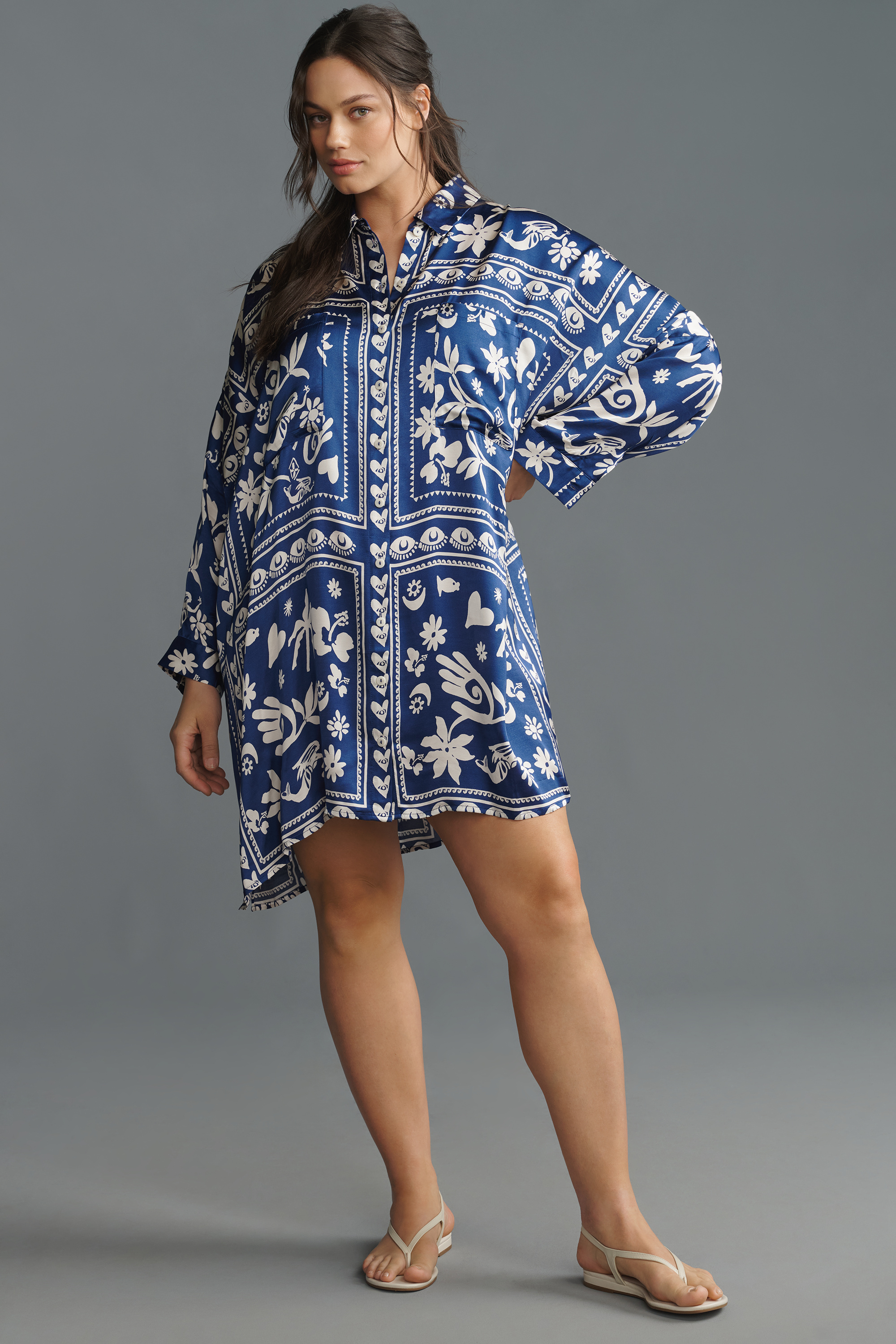 Long-Sleeve Printed Mini Shirtdress — Image 18