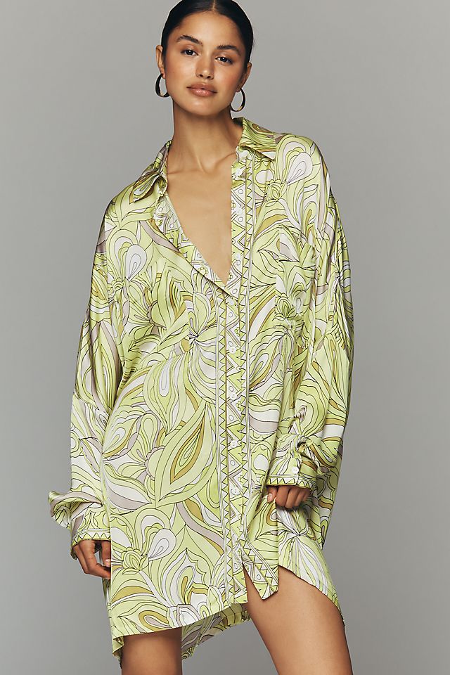 corey lynn calter long sleeve printed mini shirt dress Anthropologie Size XS Floral Tropical Daytime Occasion Long-Sleeve Printed Mini Shirtdress by
