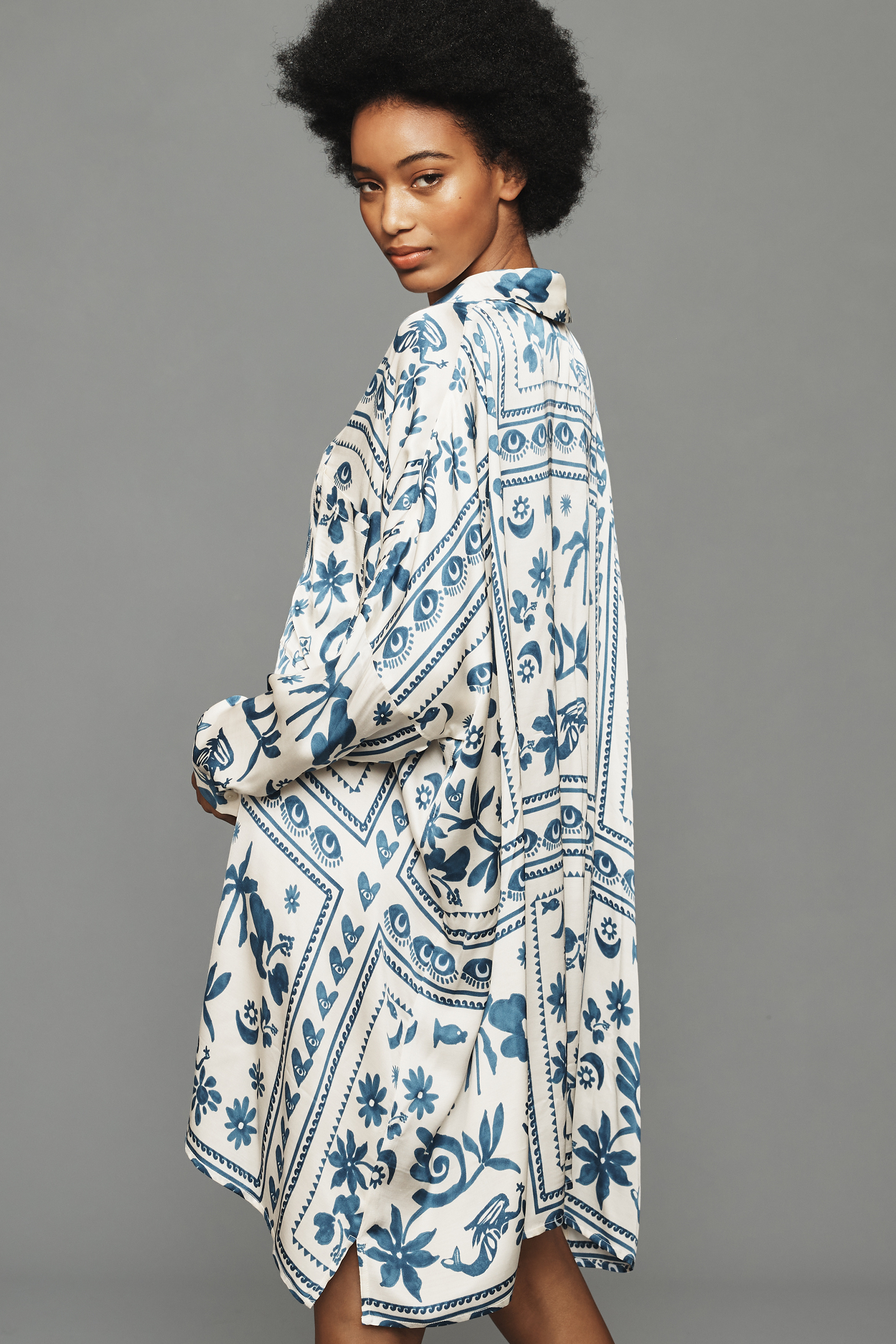 Long-Sleeve Printed Mini Shirtdress — Image 38