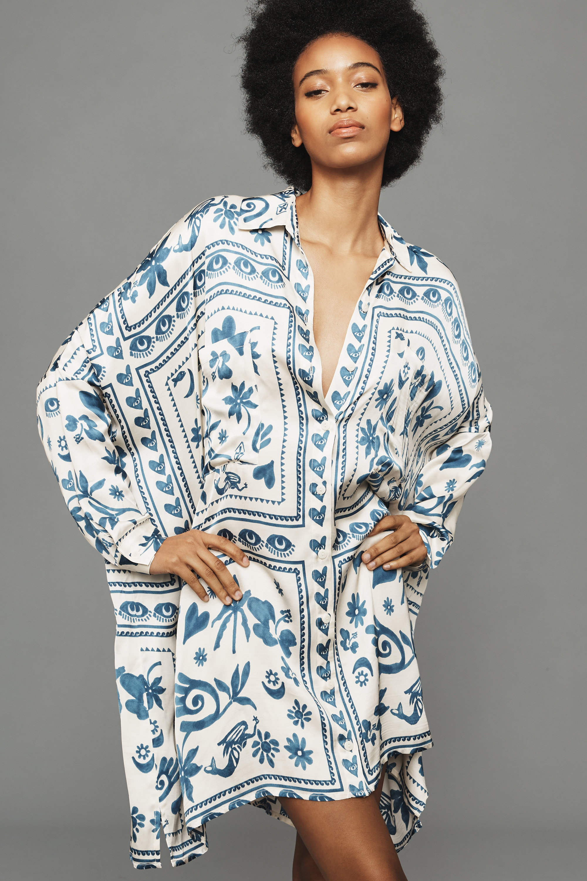 Long-Sleeve Printed Mini Shirtdress — Image 37