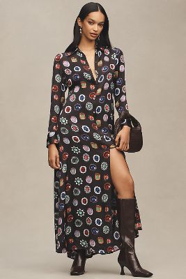 Corey Lynn Calter V-neck Jewel Shirt Maxi Dress In Black