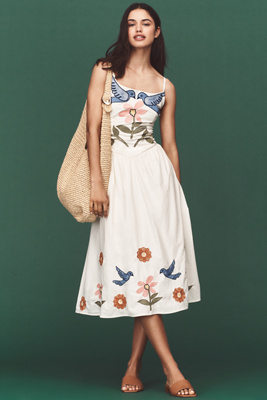 Corey Lynn Calter Calista Embroidered Basque-Waist Midi Dress |  Anthropologie