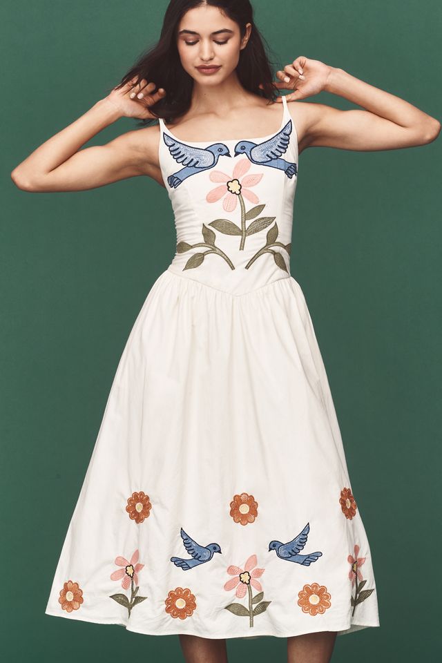Corey Lynn Calter Calista Embroidered Basque-Waist Midi Dress #3
